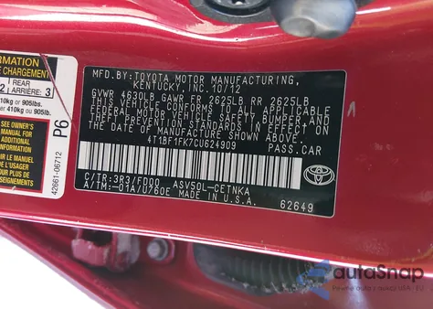 2012 Toyota Camry Le from USA, damaged, VIN 4T1BF1FK7CU624909